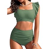 Kate Kasin Womens High Waisted Bikini Sets Ruffle Tummy Control Swimsuits Full Coverage Cheeky Two Piece Bathing Suit
