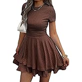 Evzeiem Womens Summer Mini Dresses Short Sleeve Casual Crewneck Knitted Crochet Flowy Tiered Sundress