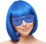 Aomig Short Bob Wig 4 Pack Blue Set with Sunglasses Cap Neon Fancy Dress Cosplay view 8