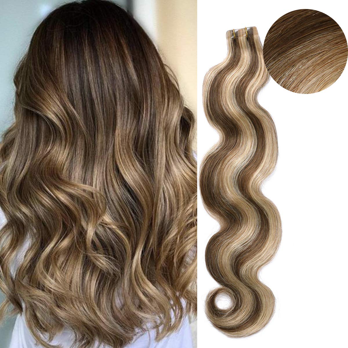 BESFOR Remy Hair Extension Tape in Wavy Human Hair 40g 18