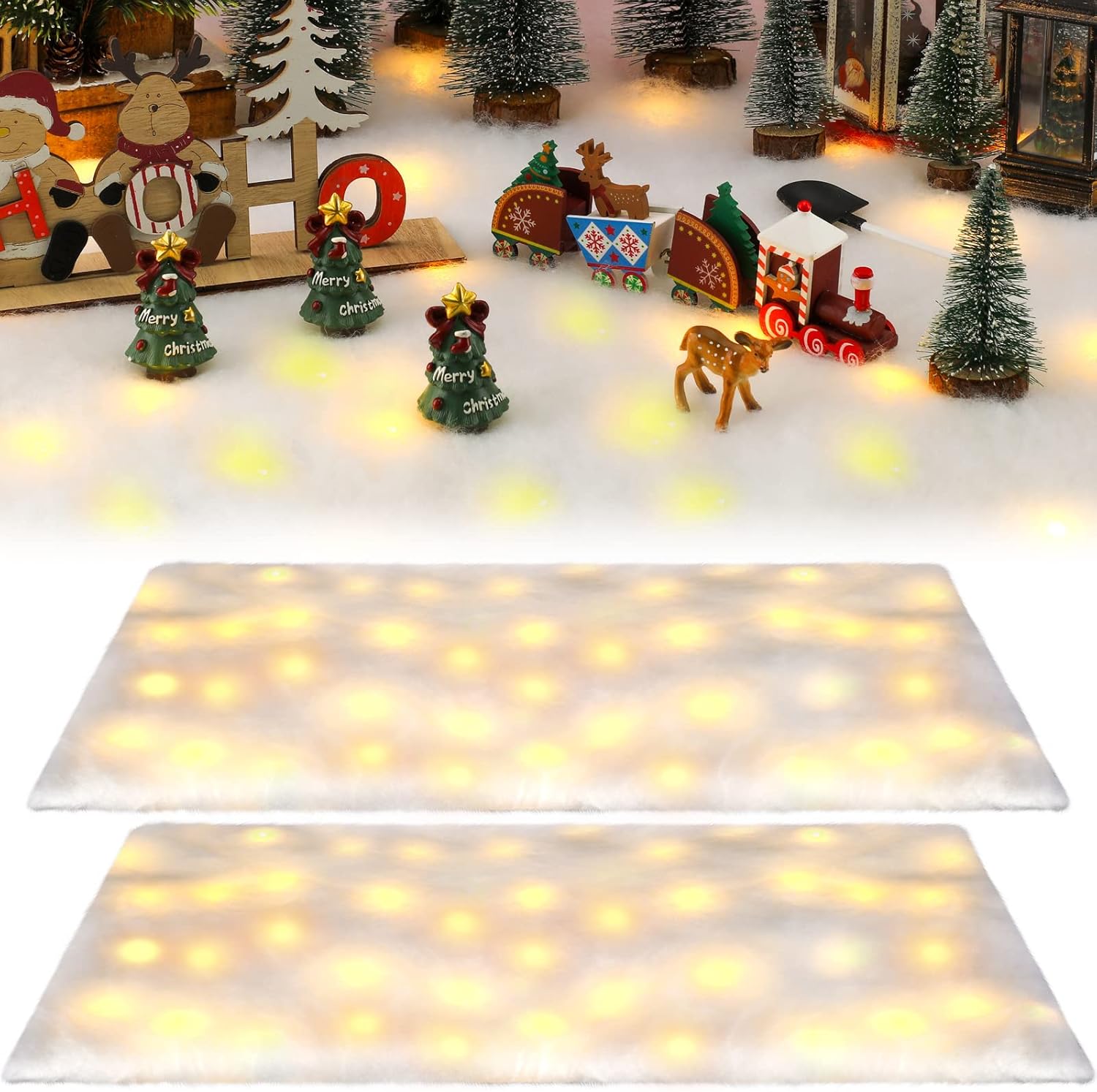 Artificial Snow - LED Christmas Snow Blanket Roll with Lights, Lighted Snow Blanket with LED Light Strings, Artificial Winter Fake Snow Blanket Table Runner for Christmas Village Tree (4 Sets)