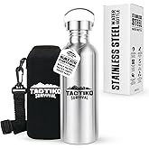 Tactiko Survival 34 oz/1000 ml Stainless Steel Wide Mouth Water Bottle, Single Wall Boil-Safe, Leakproof, BPA-Free with Carry Sleeve and Strap for Camping, Hiking, Outdoor Prep (Black)