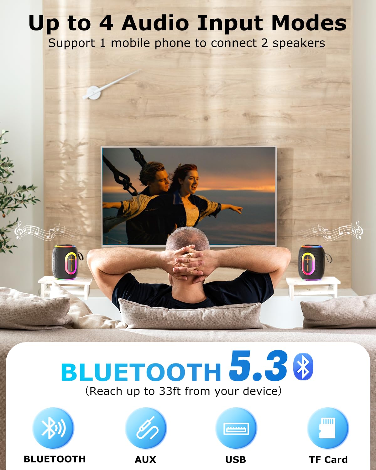 Foseener Portable Bluetooth Speaker with Stereo Sound, IPX5 Waterproof Wireless Speakers, 6 RGB LED Modes, Up to 20H Playtime, BT5.3, TWS Pairing, for Home/Bathroom/Party/Outdoor/Beach, Gift Ideals - Image 6