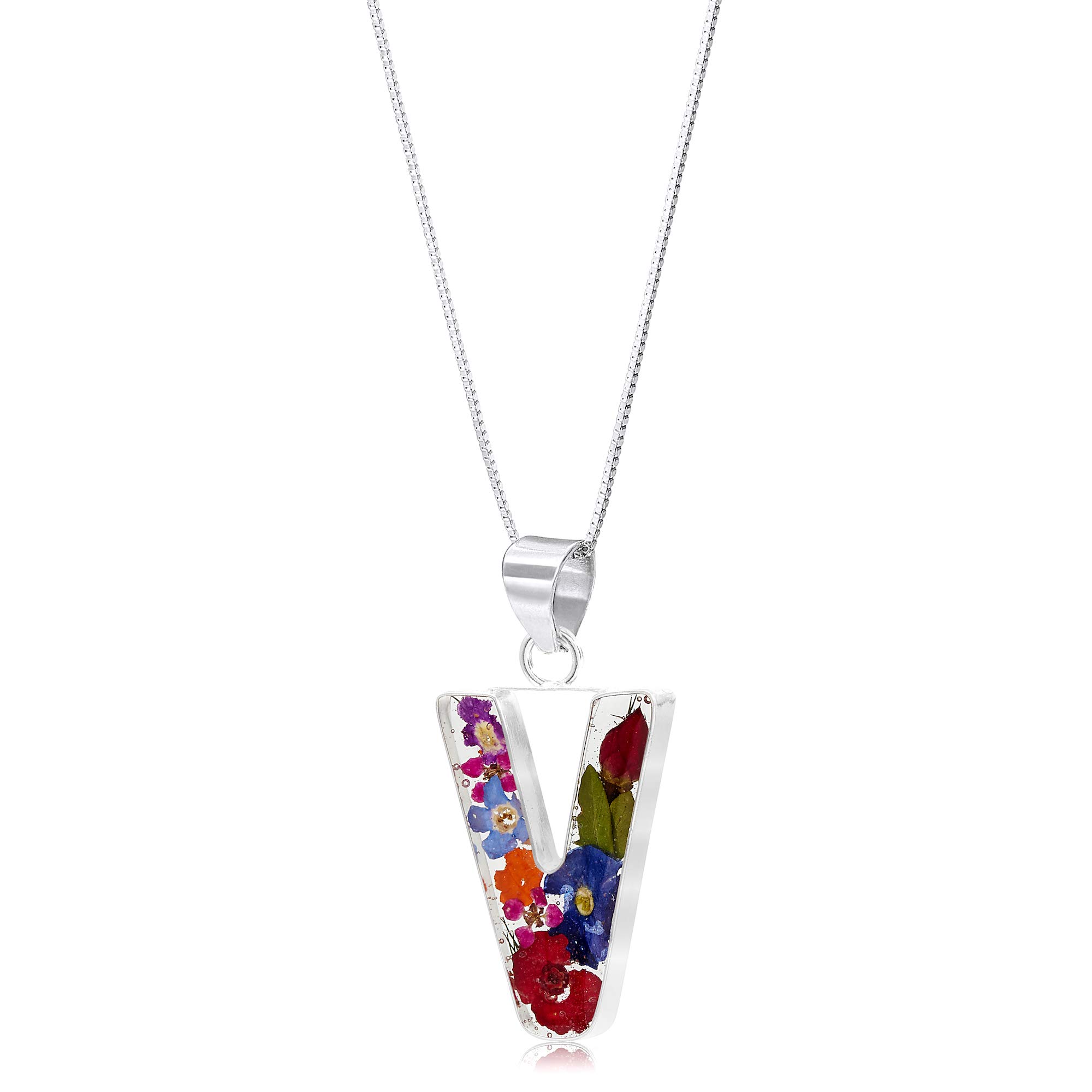 Shrieking Violet 925 Sterling Silver Letter Real Flower Initial Pendant Necklace - Assorted Flowers (Multicolour)