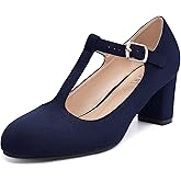 IDIFU Women's Pumps Dress Shoes for Women Mary Jane Low Chunky Closed Toe T-Strap Womens Dress Shoes Wedding Shoes for Bride Black Nude Silver Heels for Women