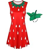 Bonuci Halloween Women's Strawberry Costume Dress with Headband Cute Strawberry Fruit Printed Halloween Outfit for Party