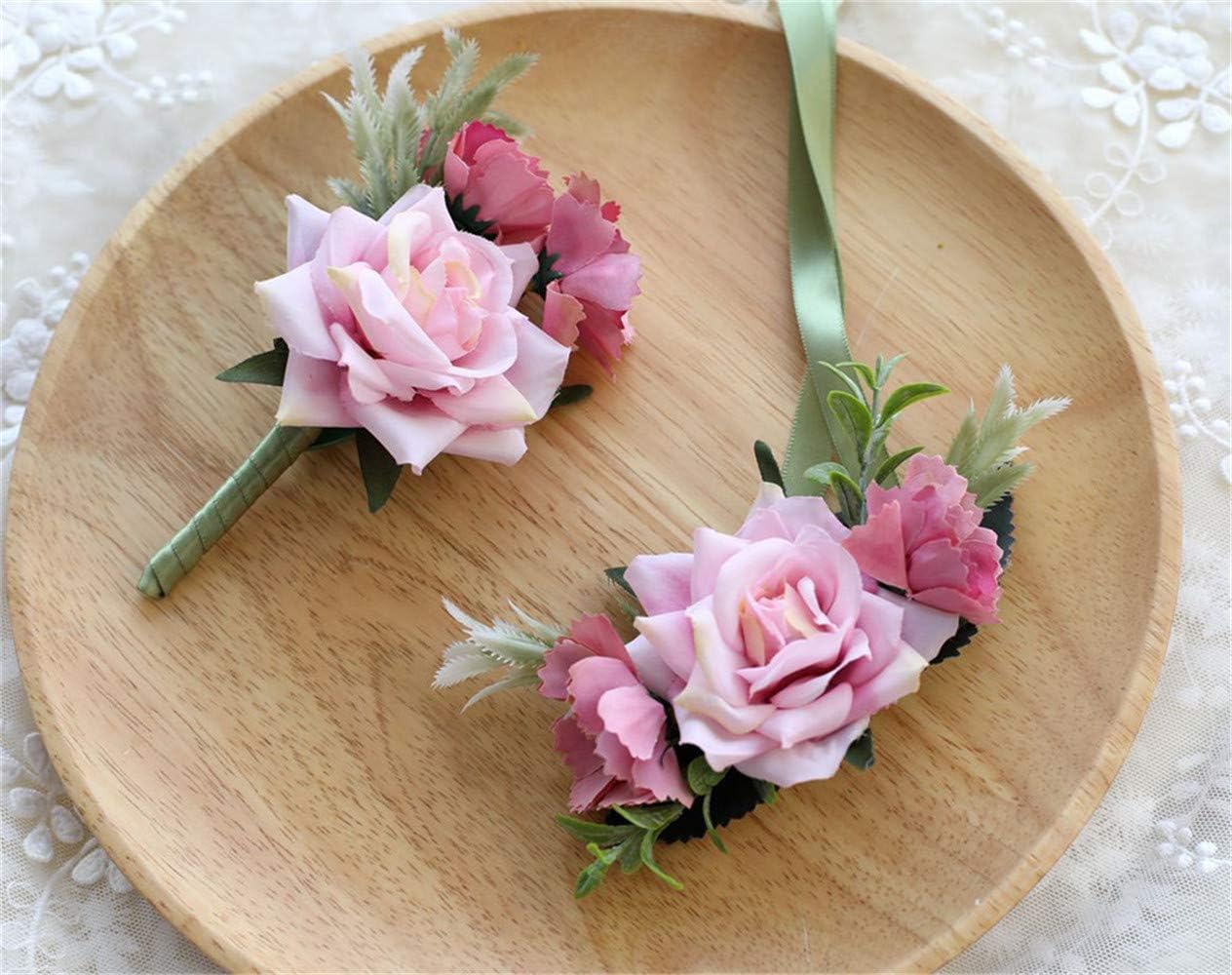 Flonding Rose Wedding Wrist Corsage and Boutonniere Set Party Prom Hand Ribbon Flower Suit Decor (Pink Purple)