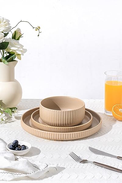 FOBENTA DINNERWARE SETS FOR 4,MICROWAVE SAFE PLATES AND BOWLS SETS,12 PIECE DYLAN DISH SET,REACTIVE GLAZE STONEWARE DINNERWARE SET (MATTE REACTIVE KHAKI BEIGE, SERVICE FOR 4 (12PCS))
