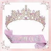 Birthday Crown and Sash for Women Pink Sash and Tiara Set for Girls Queen Birthday Party Gifts Decorations