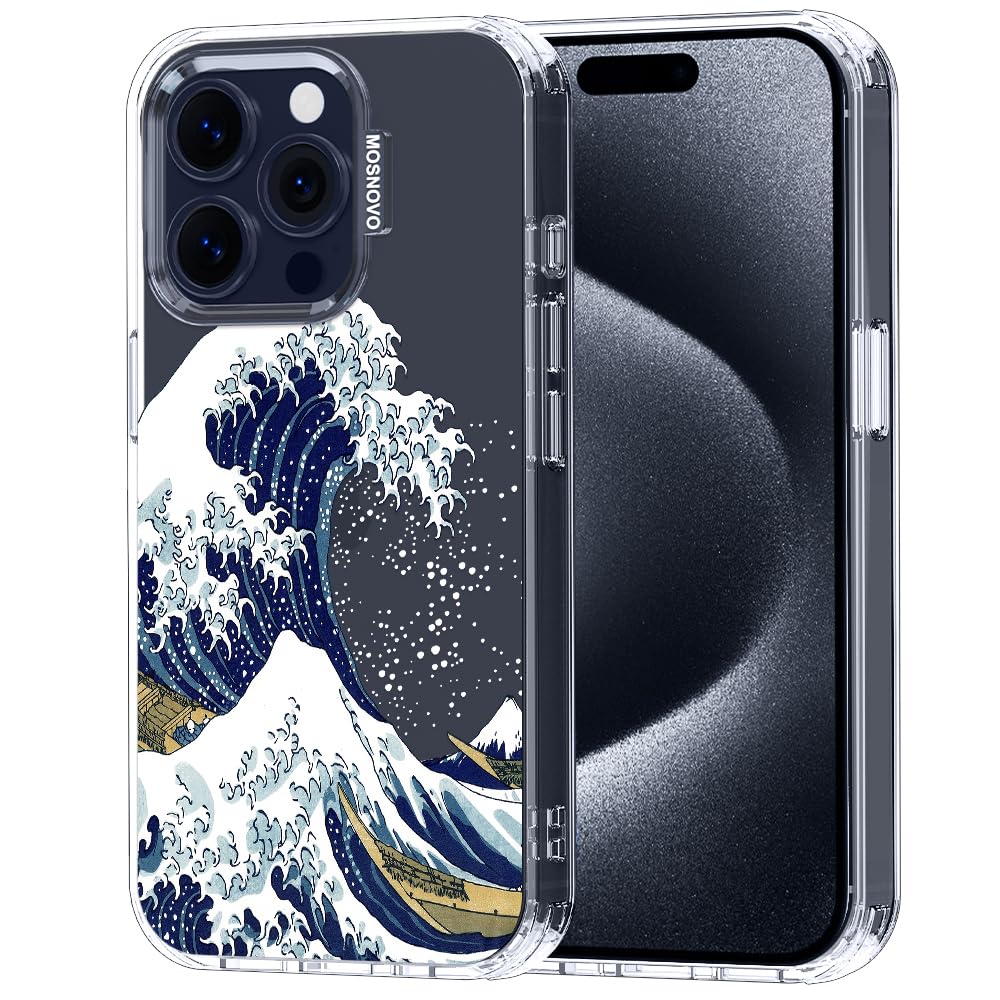 MOSNOVO Case for iPhone 15 Pro, [Buffertech 6.6ft Military-Grade Drop Protection] [Anti Peel Off Tech] Clear TPU Bumper Phone Case Cover Design - Great Wave — image 1