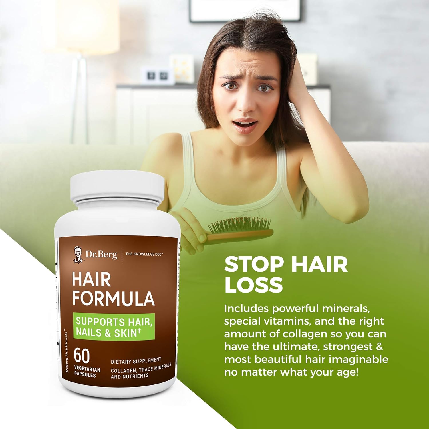 Dr. Berg’s Hair Formula Supplement Due to Normal Aging Supports Healthy Nails & Skin - DHT Blocker with Biotin, Collagen Type I&II, Trace Minerals, Whole Food Vitamin C and Bs for Women and Men: Health & Personal Care