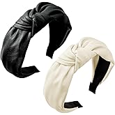 Yonchic 2-Piece Leather Knotted Headbands for Women & Girls, Top Knot Solid Color Non Slip Headband, Wide Trendy Head Band Hair Accessories (Black & White)