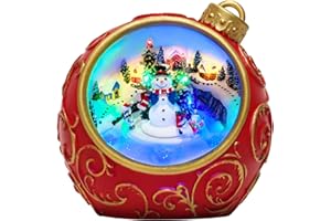 COZY-PAVILION 6.3" Animated Musical Christmas Village Figurines with Rotating Skiing Snowman and Lights, Auto 6H Timer and Volume Control, USB-C/Battery Powered Christmas Decorations for Table Decor Xmas Gift