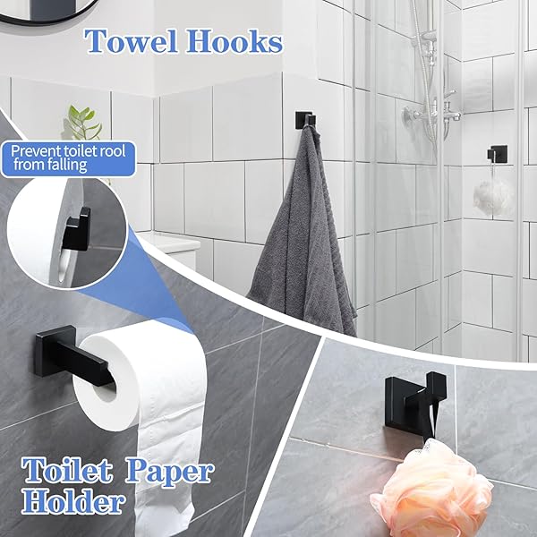 5PCS BATHROOM HARDWARE SET, 24IN TOWEL BAR SET, INCLUDING SQUARE TOWEL BAR SQUARE TOWEL RING TOILET PAPER HOLDER TOWEL HOOKS, SET SUS304 STAINLESS STEEL, WALL MOUNTED