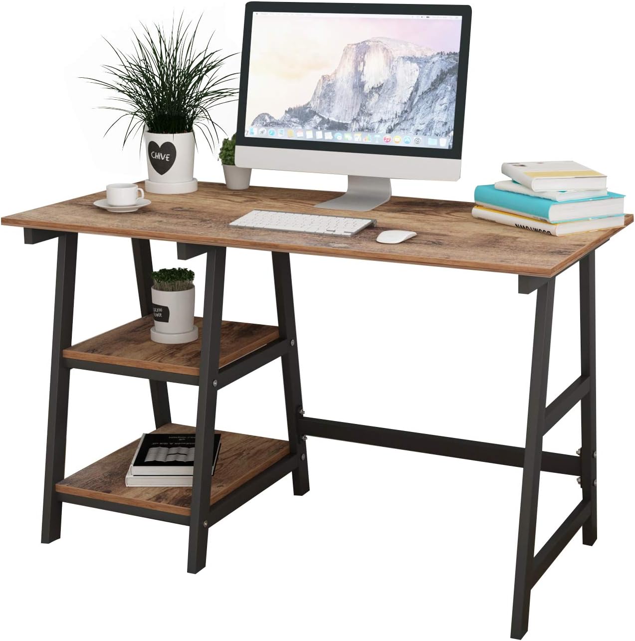 Soges 47 Inches Computer Desk Trestle Desk Writing Home Office Desk Hutch Workstation with Shelf Rustic Brown CS-Tplus-120FG