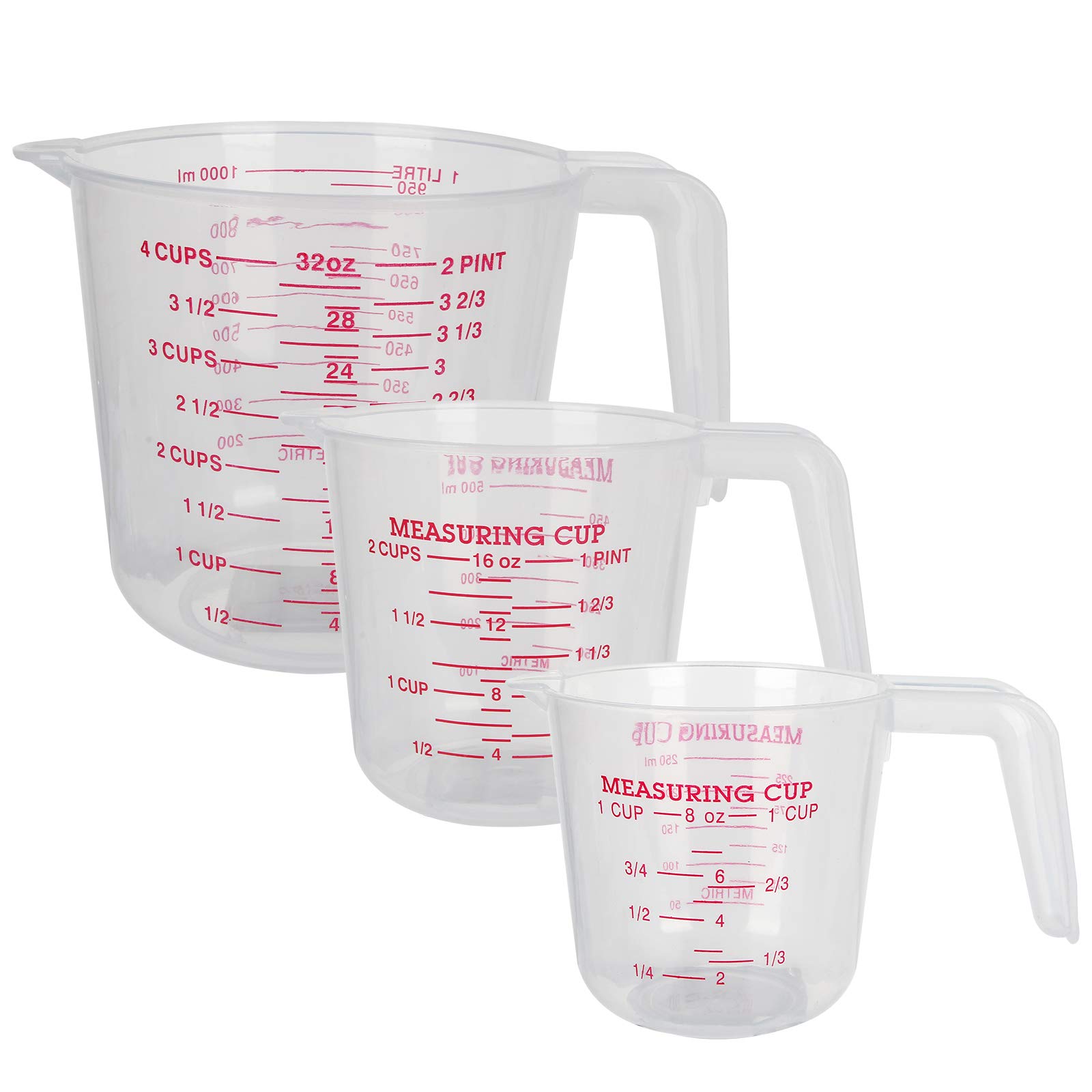 AHUNTTER 3PCS Clear Plastic Measuring Jugs Set 1L 500ml 250ml for Baking Cooking, Large 4-Cup 2-Cup Small 1-Cup Capacity, Microwave Safe BPA-Free Plastic Jugs with Handle - Clear Measurements