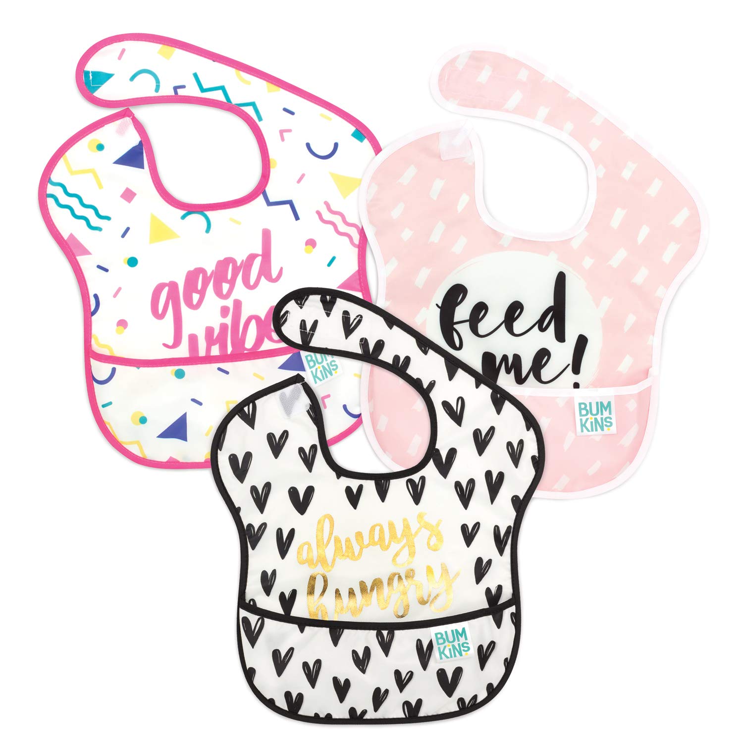 Bumkins SuperBib, Adjustable Hook & Loop Closure, Catch-All Pocket, Waterproof, Machine Washable, Stain & Odour Resistant, BPA Free, 6-24 Months, 3-Pack, Always Hungry, Feed Me, Good Vibes