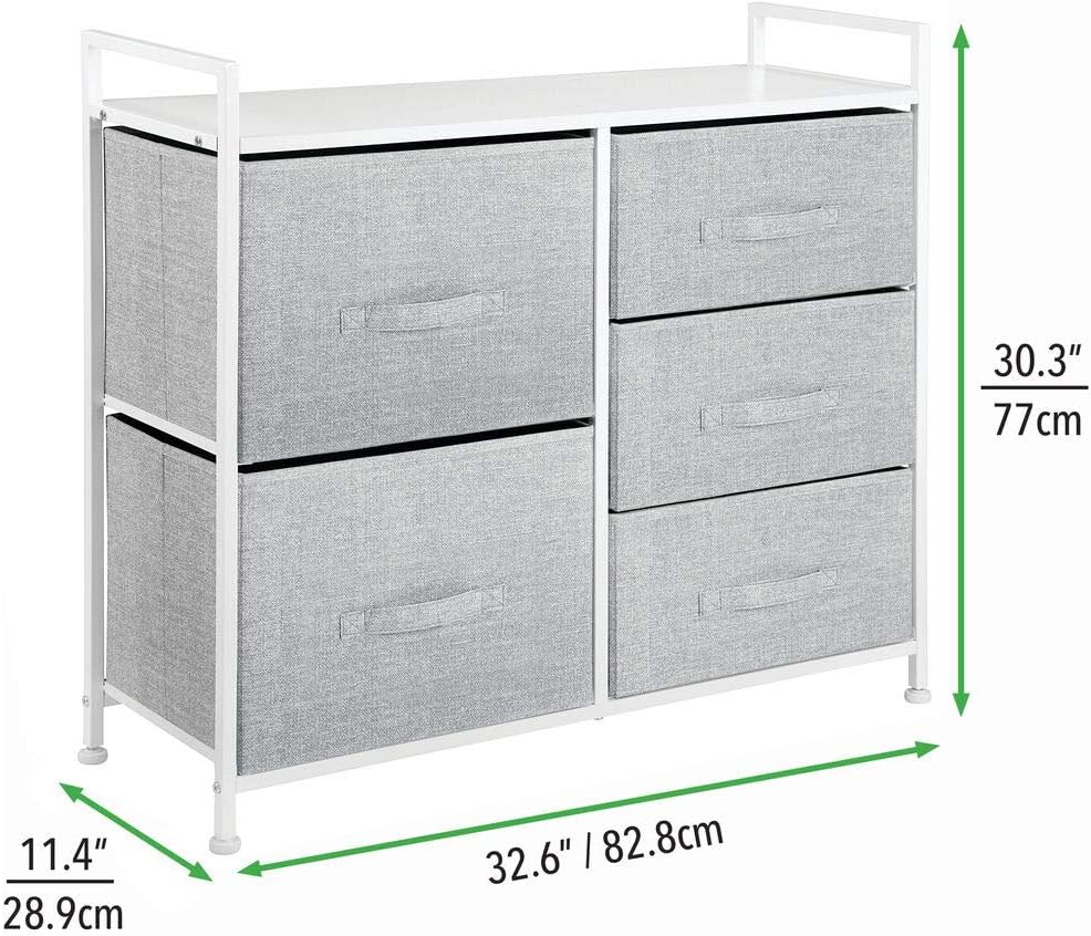 mDesign Wide Dresser Storage Tower - Sturdy Steel Frame, Wood Top, Easy Pull Fabric Bins - Organizer Unit for Bedroom, Hallway, Entryway, Closets - Textured Print, 5 Drawers - Gray/White: Home & Kitchen