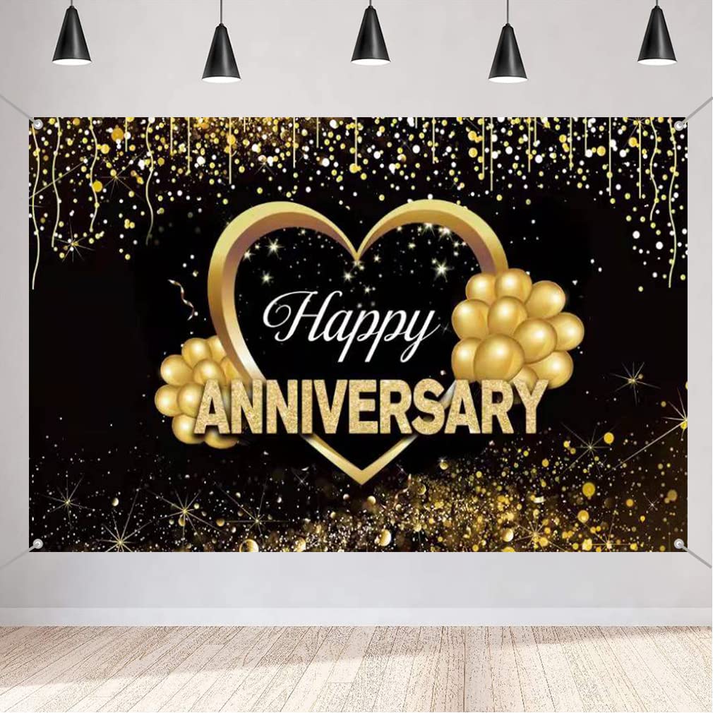 Happy Anniversary Decoration, Wedding Anniversary Party Banner Fabric Sign Poster Background Banner, Table Cloth, Black & Gold, 150 cm x 90 cm