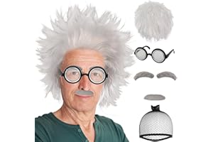 IMEYLE 6 Pcs Set Old Man Wig Adult +Eyebrows+Beard+Glasses Mad Crazy Scientist Wigs Short Messy White Crazy Grandpa Cosplay Outfit 100 Days of School Wigs for Halloween Costume Party+Wig Cap