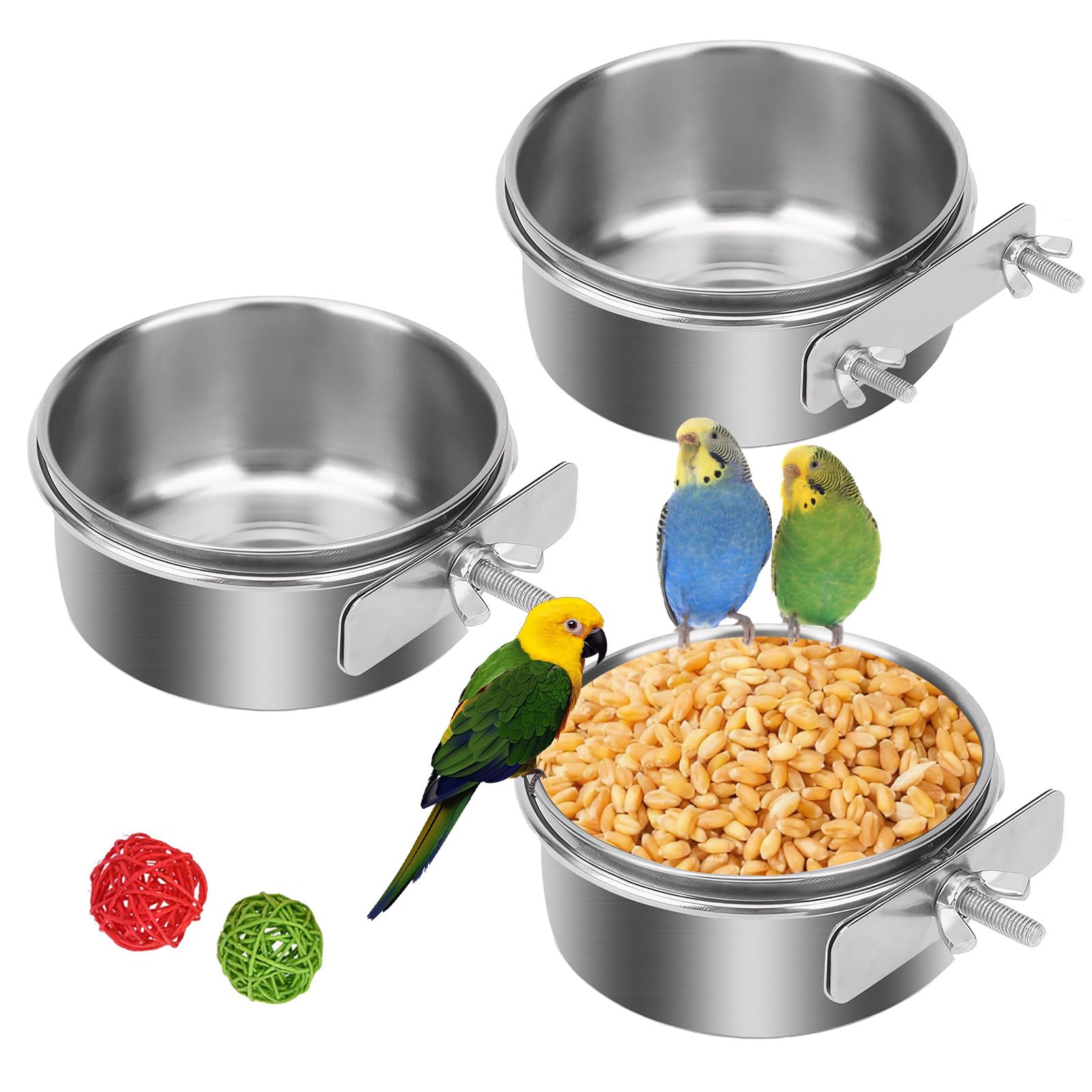 ACEONE Stainless Steel Bird Food Bowls with Clamp, 3pcs Hanging Pet Bowl for Parrot, Parakeet, Lovebird, Conure, Cockatiels