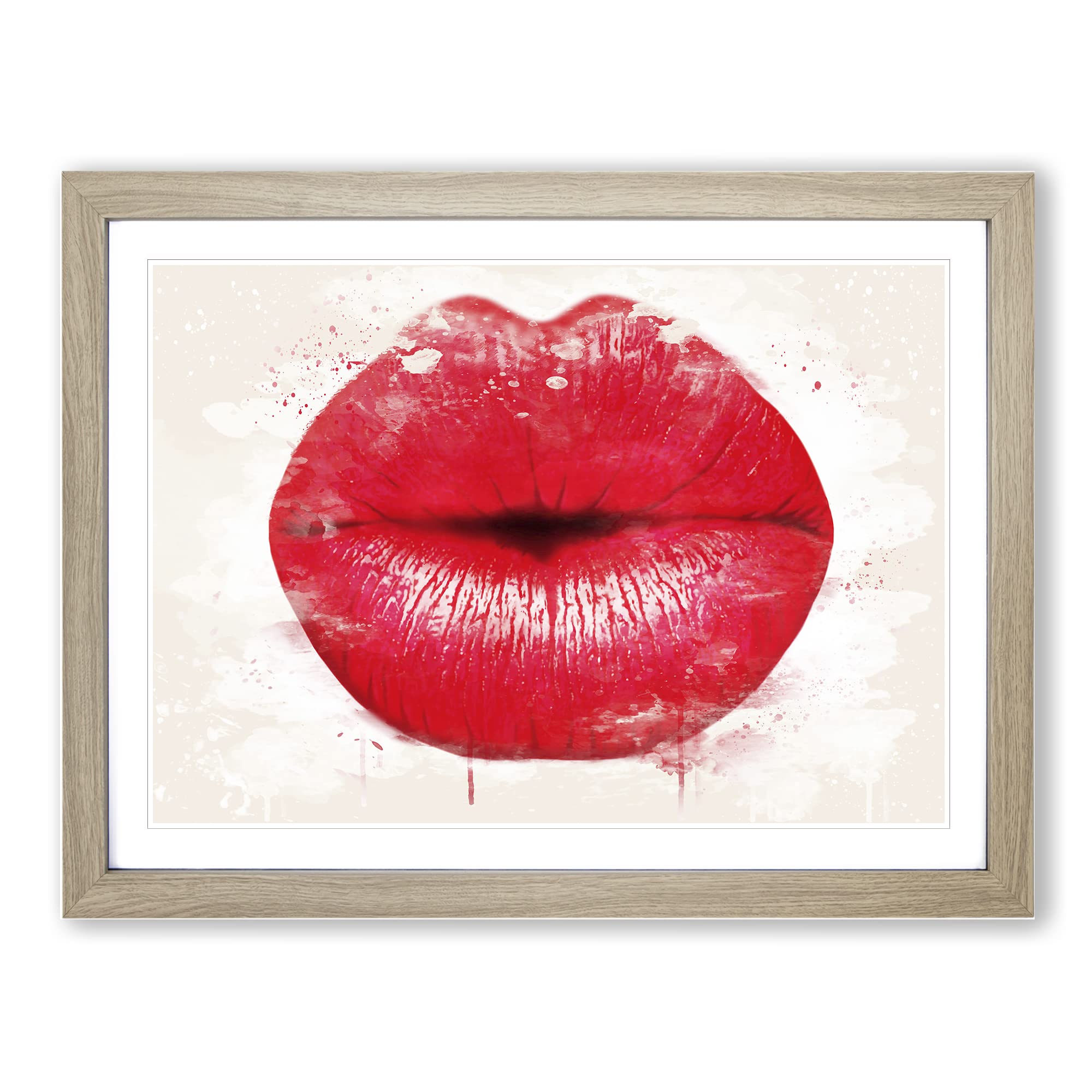 Red Lips Kiss Modern FC Framed Print | A3 Oak Framed Wall Art | Ready to Hang | Modern Nature Picture | Living Room Bedroom Lounge Office