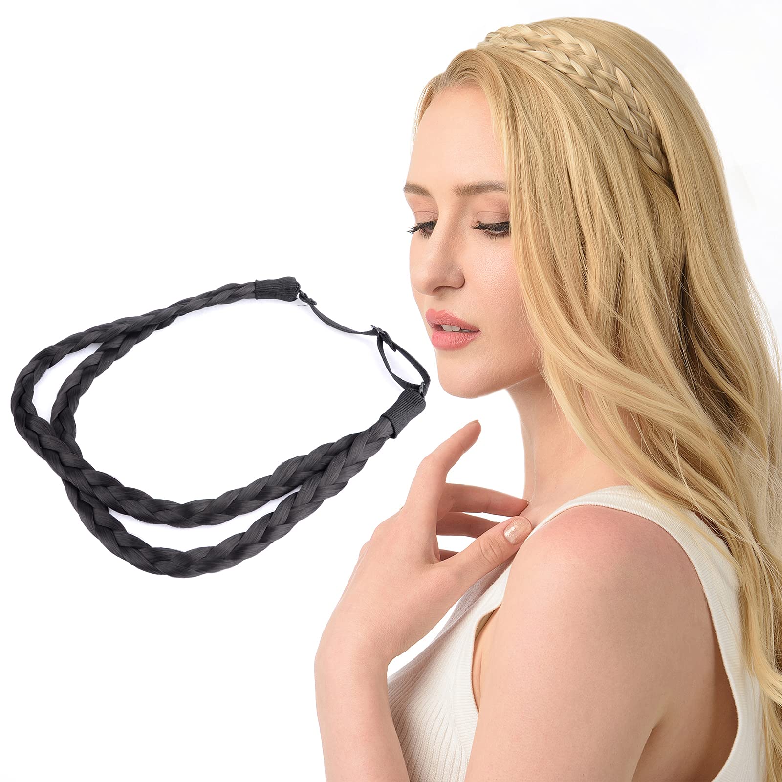 Gledola Double Three Strands Braid Headband Synthetic Hair Plait Headband for Women Hair Accessory (Natutal Black)
