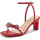 Athlefit Women's Rhinestone Bow Heels Clear Open Square Toe Block Heels Buckle Heeled Sandals for Party Wedding