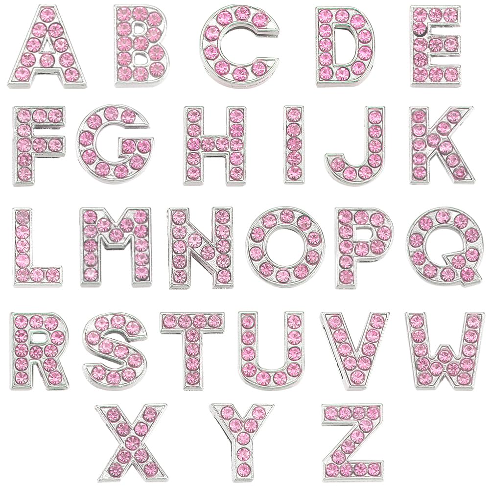 SUNNYCLUE 1 Box 52Pcs 26 Styles Crystal Alphabet Charm Bead 8mm Letter Rhinestone Charms Bulk Pink Metal Alloy Slide Full Rhinestones Art 3D A-Z Beads Charm for jewellery Making DIY Necklace Bracelet