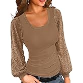 Basicspace Womens Fashion Lace Balloon Tops Knit Ribbed Stretch Slim Fitted Shirts Round Neck Blouse for Women