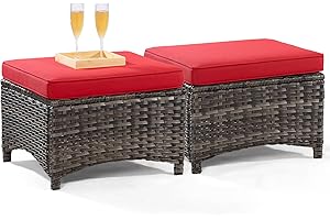 Joyside Outdoor Ottomans for Patio Set of 2 PE Wicker Steel Frame Outdoor Footstool with Removable Olefin Cushions for Garden, Patio, Backyard and Deck, Red