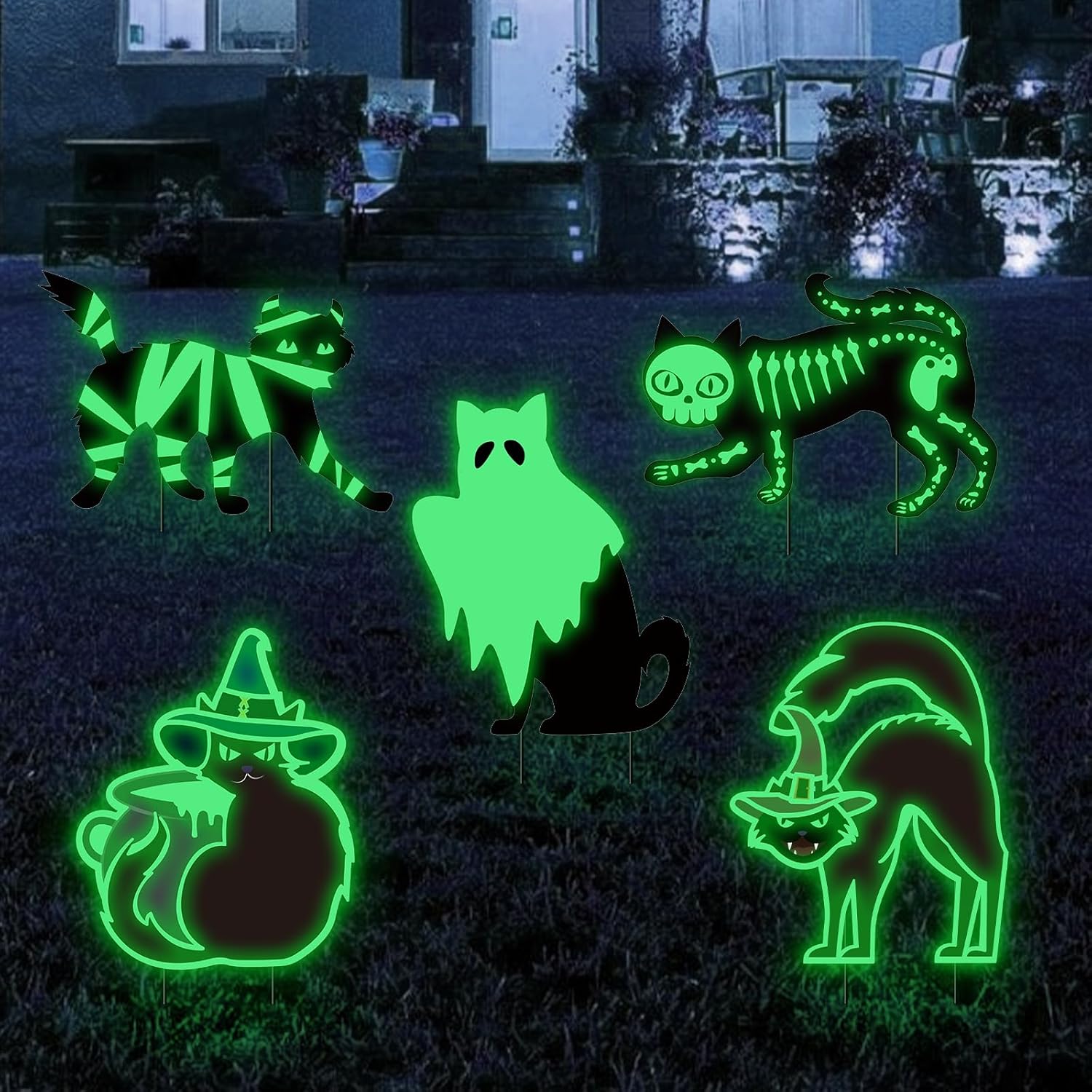 Yard Signs - Halloween Yard Decorations Outdoor Signs - 5pcs Black Cat Halloween Decor Yard Signs with Stakes, Mummy Ghost Witch Skeleton Cat Glow in Dark for Halloween Party Supplies Garden Lawn Decorations