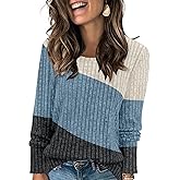 AYIFU Womens Lightweight Sweaters Long Sleeve Knit Color Block Sweater Crewneck Tops for Casual Fall Winter Tunic