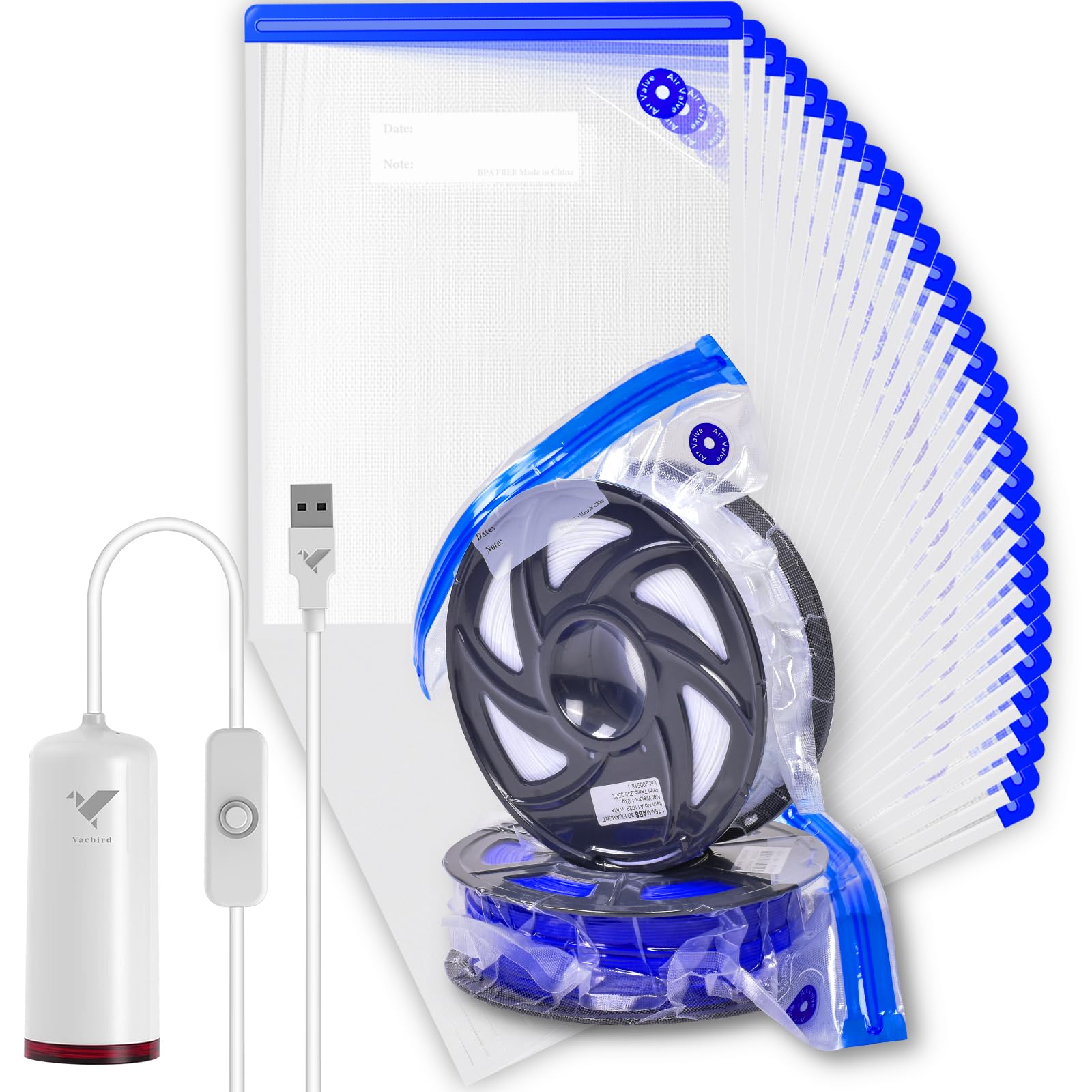 Photo 1 of Vacbird 3D Filament Storage Bags Kit with Mini USB Pump, 30 Pack Vacuum Sealed Compression Bags, Spool Sealing for Keeping 3D Filament Clean and Dry