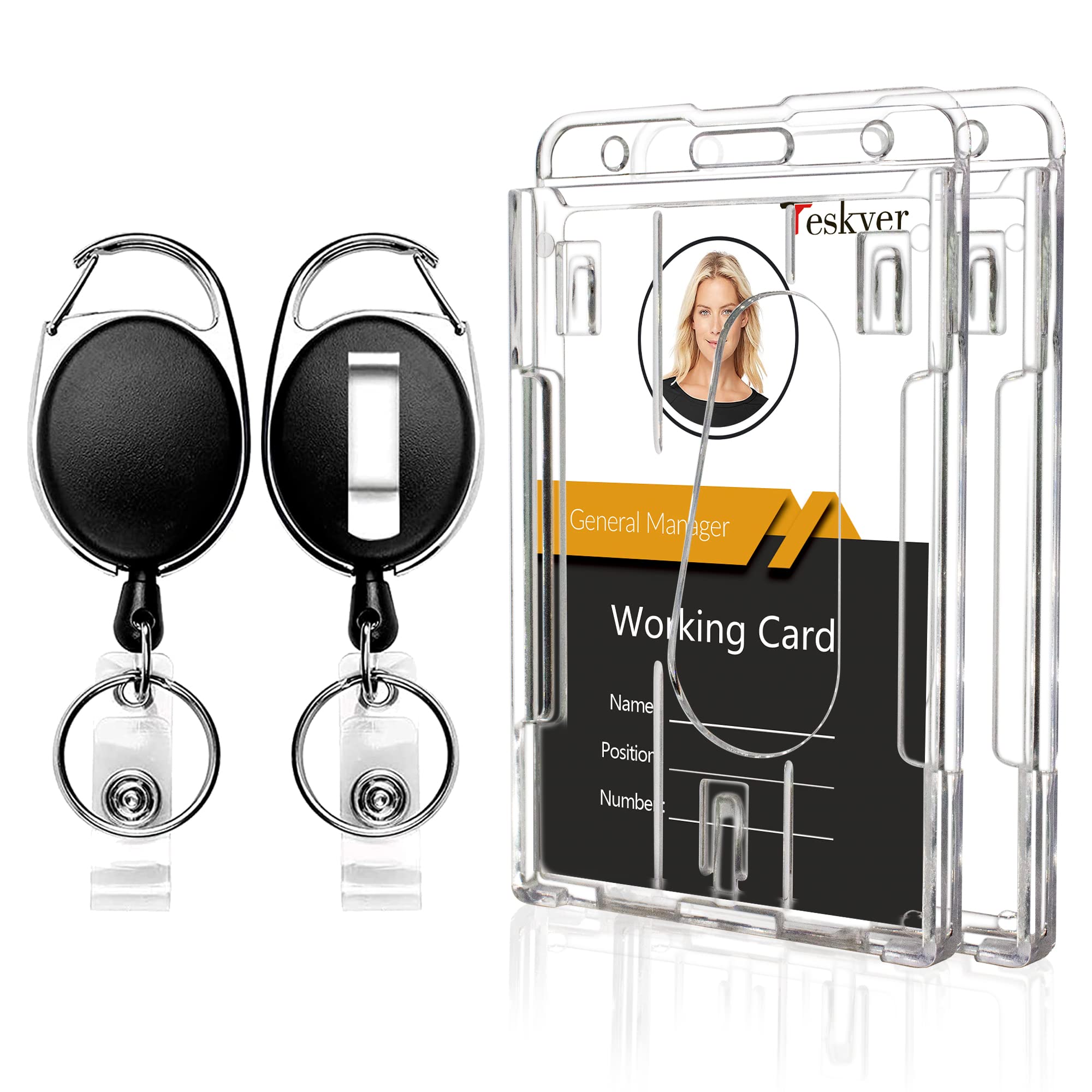 Teskyer 2 Piece Retractable Badge Holder, Rigid, Transparent, Extra Thick, Vertical Plastic Badge Holder, for Work, Business, Display