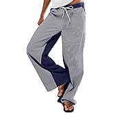 PEIHOT Low Waisted Striped Pants for Women Pull On Lounge Boho Wideleg Jeans Trendy Blue and White