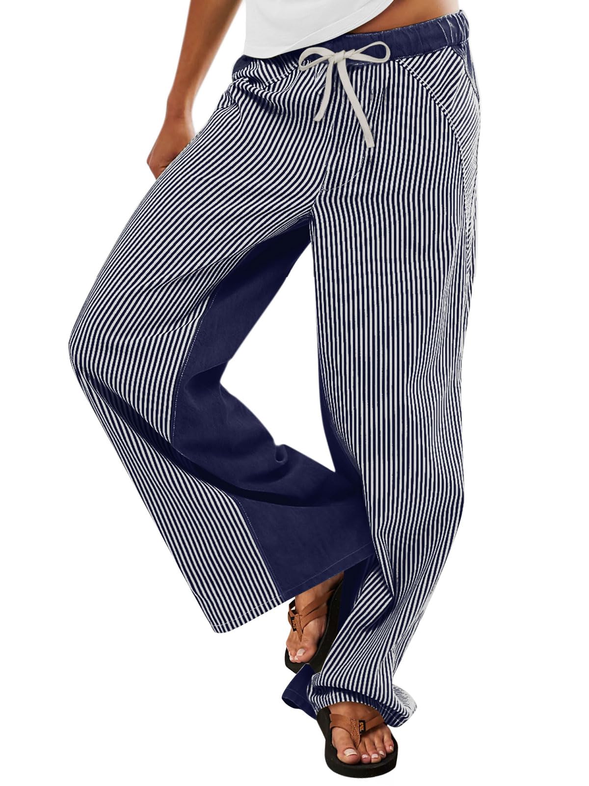Photo 1 of **************THSES ARE BLACK, NOT BLUE************
PEIHOT Low Rise Striped Pajama Pants for Women Pull On Draw String Boho Wideleg Jeans Trendy 2025 DarkBlue