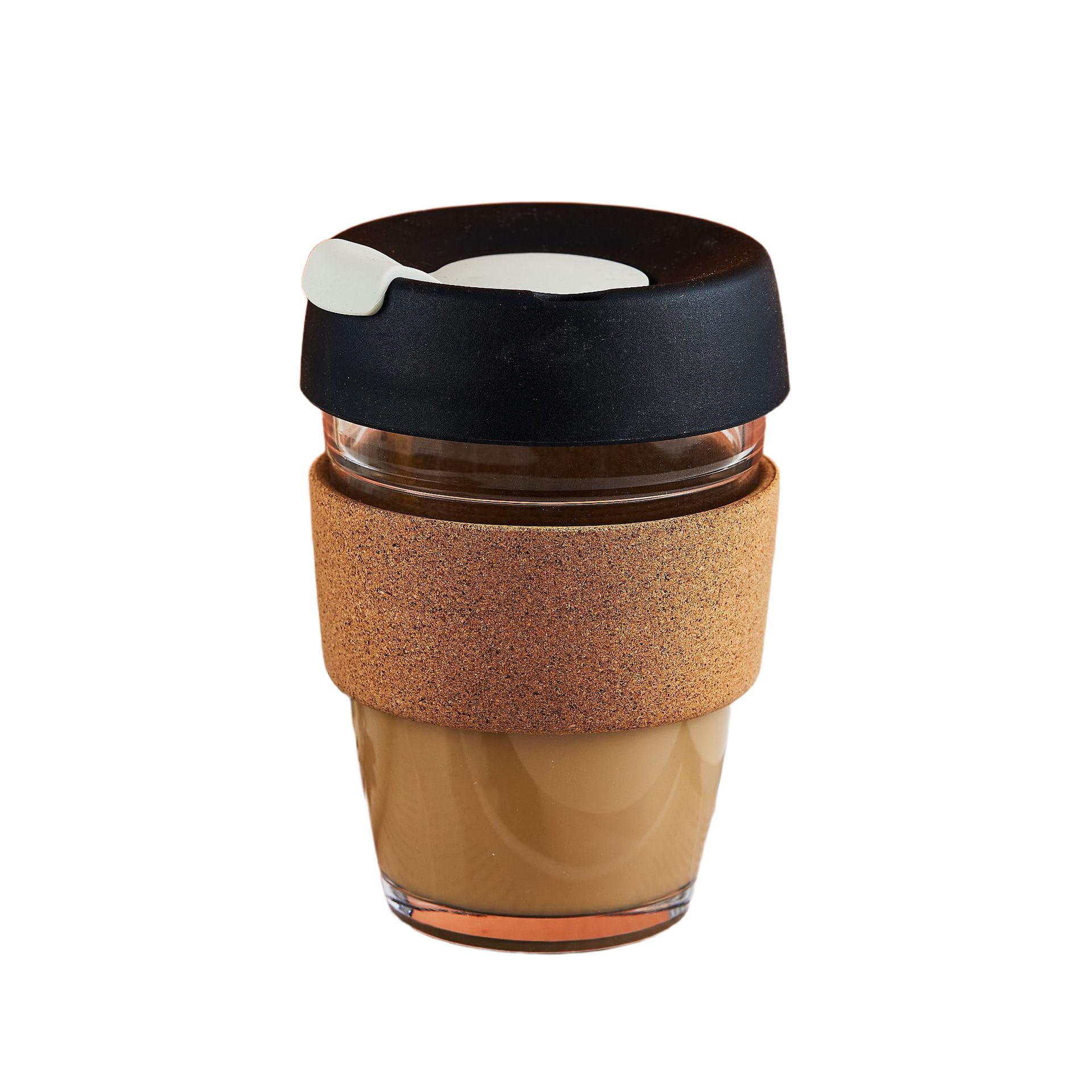 Hosoncovy 350ML Reusable Glass Coffee Cup with Cork Sleeve Heat Resistant Cork Band Travel Coffee Mug with Lid 12 OZ Coffee Cup (Black) — image 1