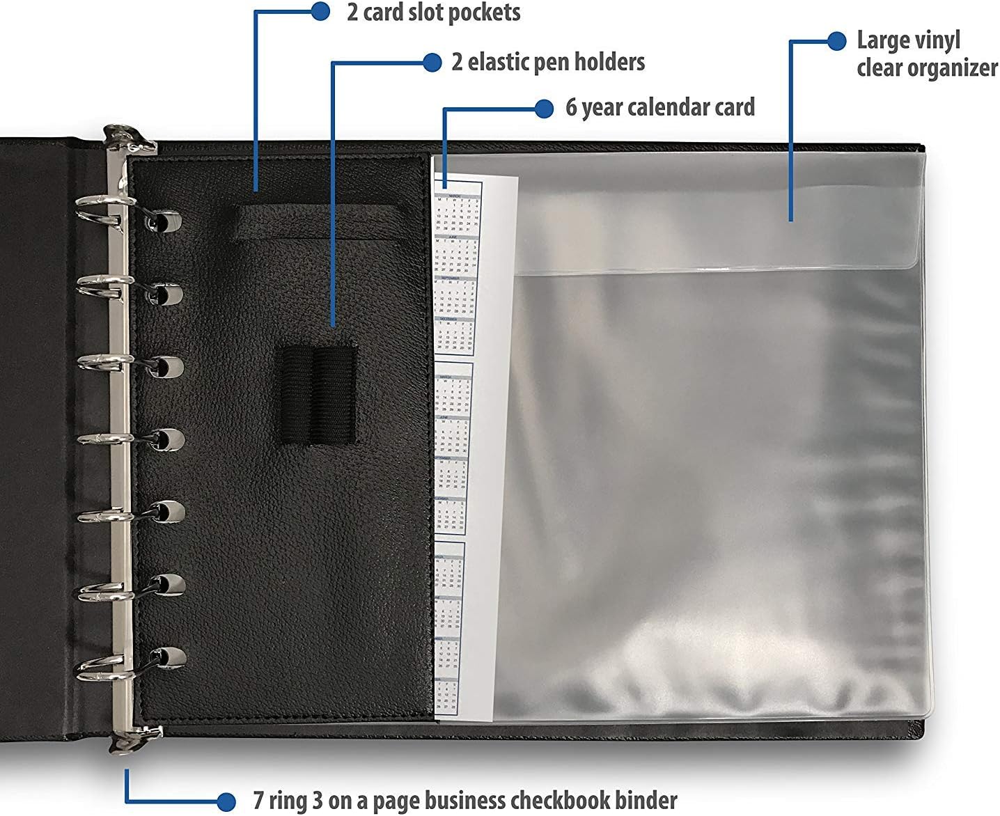 Premium Executive 7 Ring Business Check Binder for 3 on a Page Checks - Large Storage Pouch, Calendar, and Pen Included, | 600 Check / 200 (9" x 13") Sheet Capacity, Blue : Office Products