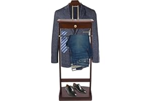VENIONWA Valet Stand for Man and Women, Wood Suit Rack Suit Valet Stand with Top Tray, Storage Drawer, Bottom Shoe Rack, Freestanding Clothes Rack for Living Room, Bedroom, Office, Black (Walnut Color)