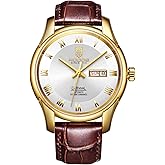 ROCOSJEWE Men's Watch Automatic Mechanical Skeleton Watch Brown Leather Strap Water Resistant Calendar Week Business Luxury Wristwatch Roman Numerals
