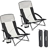 SUNNYFEEL Folding Low Camping Beach Chair 2 Pack, Lightweight Portable Lawn Chair with Mesh Back, Cup Holder for Outdoor/Travel/Picnic/Concert, Foldable Camp Backpack Chair with Carry Bag