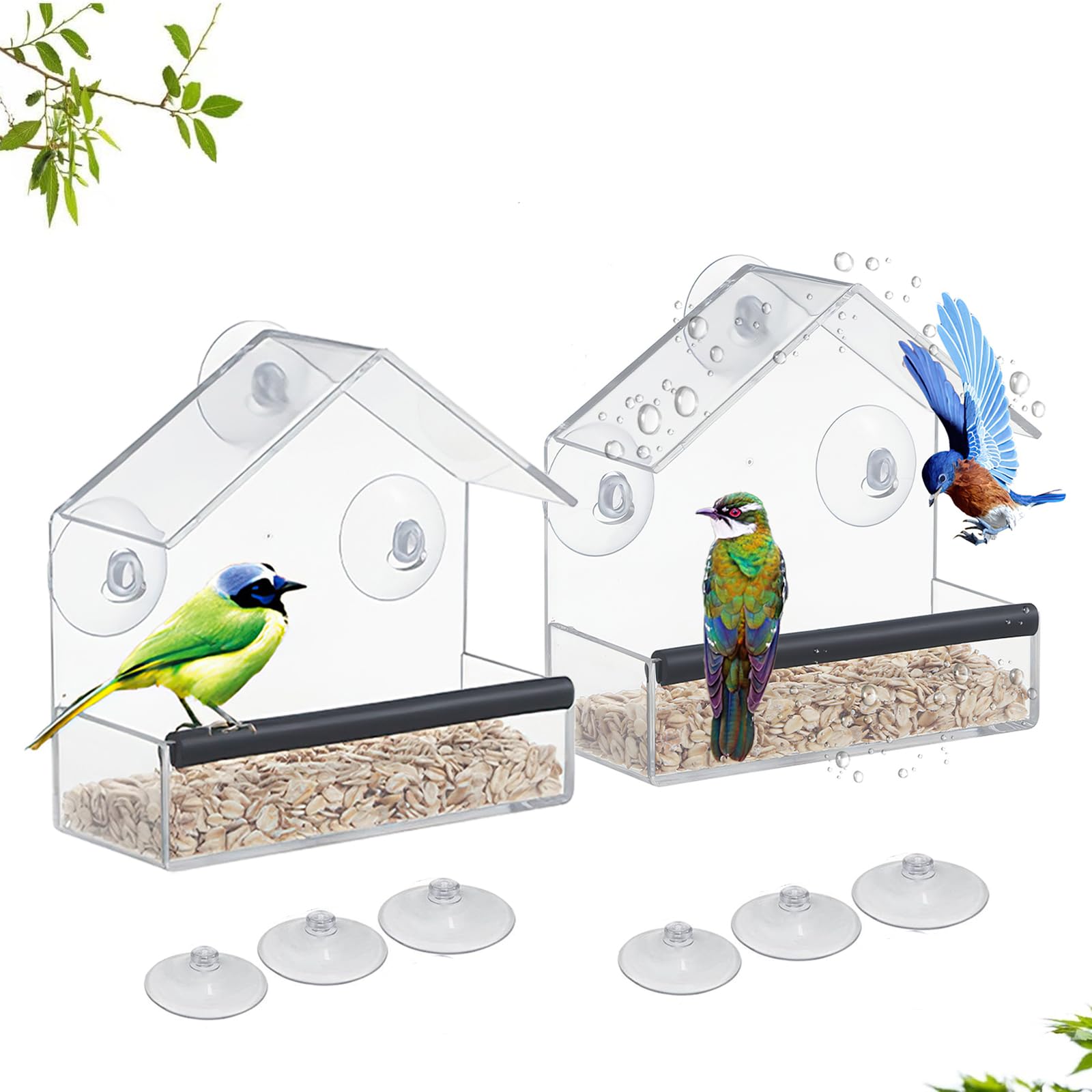 2Pcs Window Bird Feeder With Drainage Holes, Bird Window Feeder With 3 Super Suction Cups, Squirrel Proof Seed Feeders, Waterproof Feeders Best Garden Gifts