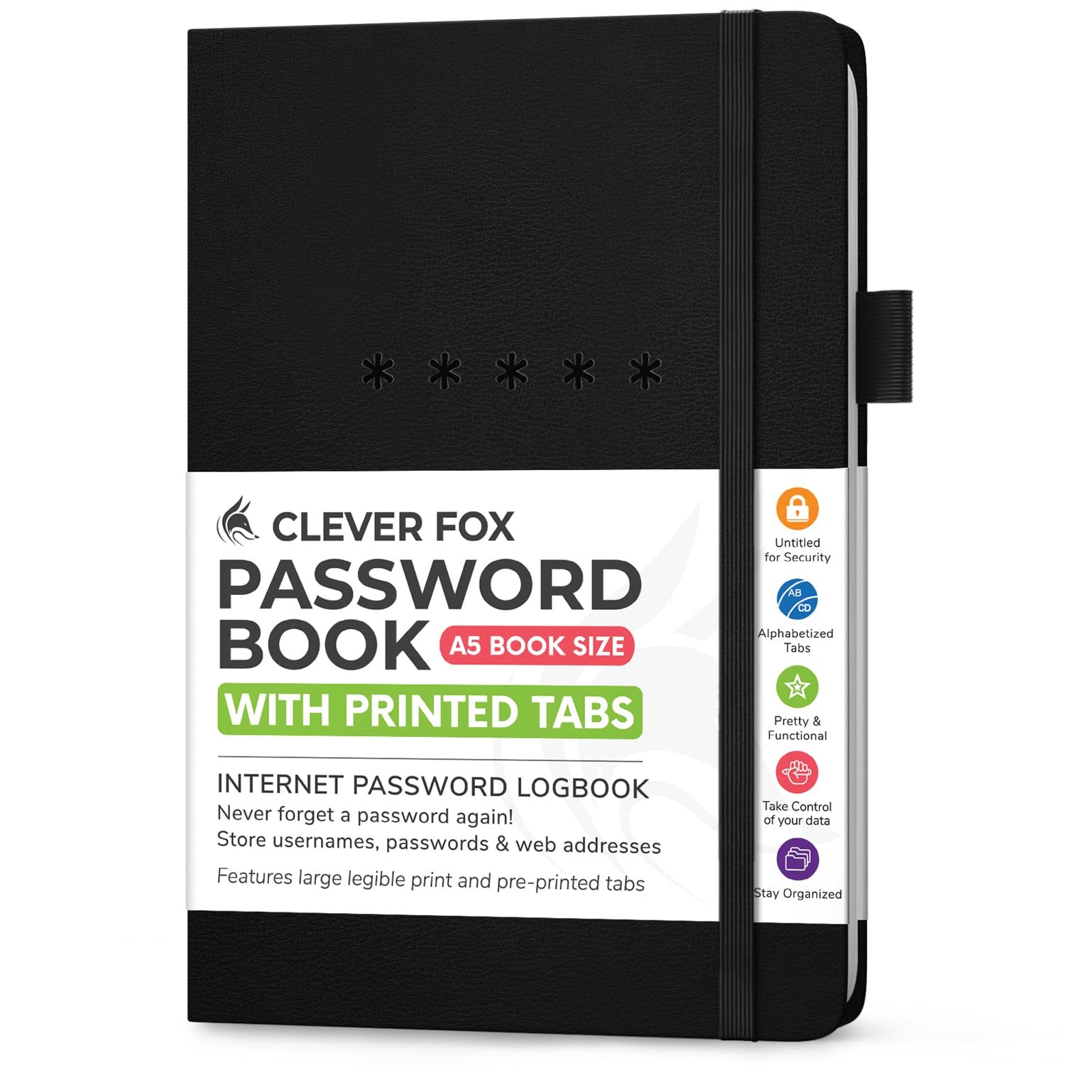 Clever Fox Password Book Medium – Internet Address & Password Journal Organizer – Computer & Website Log-In Keeper Notebook (Black)