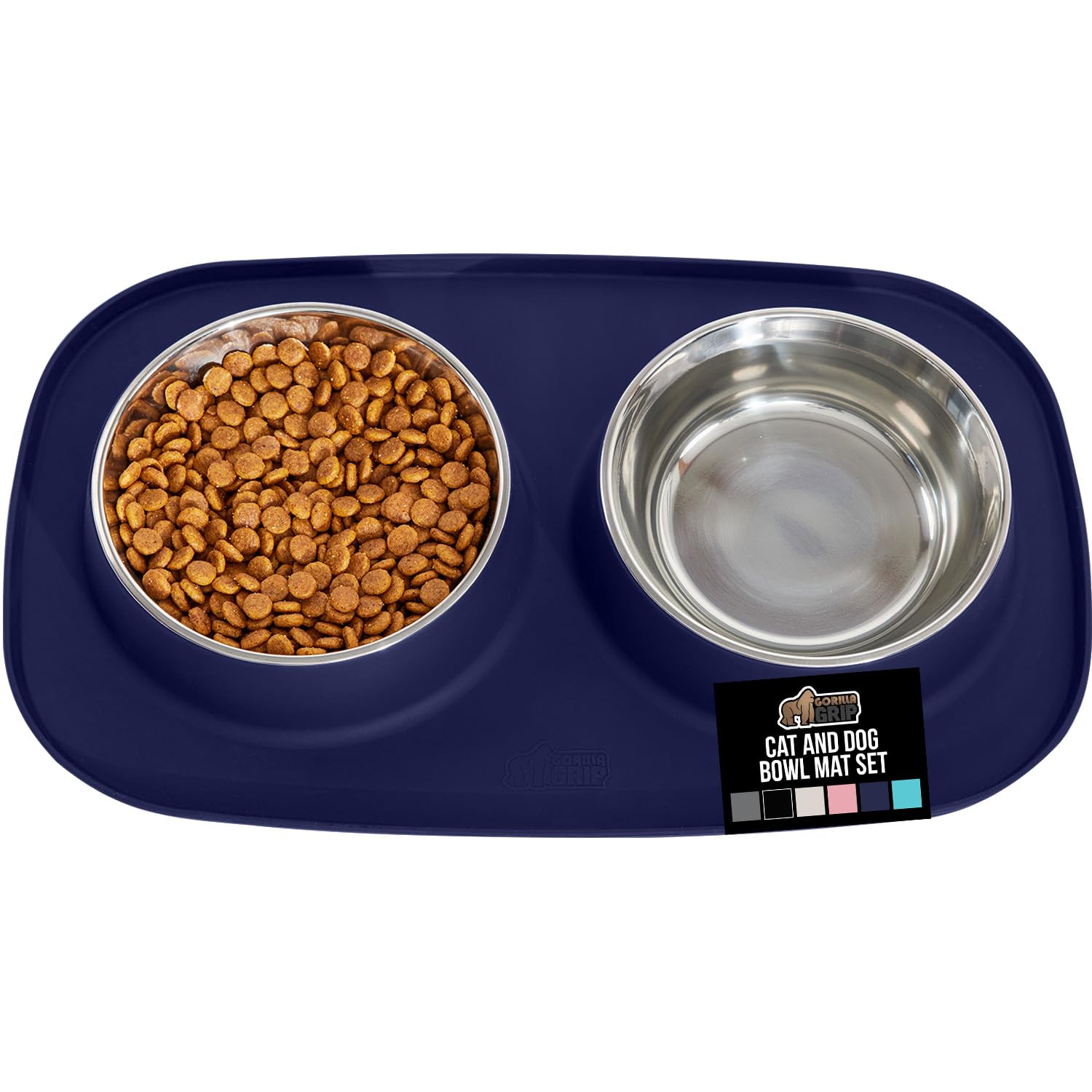 Photo 1 of GORILLA GRIP Feeding Mat Set, Patent Pending 100% Waterproof BPA Free Silicone, Stainless Steel Cat and Dog Bowls, Slip Resistant, Edges Catch Water, Food, US Designed Pet Accessories, 2 Cup Navy Blue