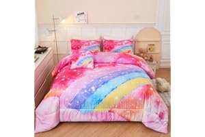 ANGIYUIN Rainbow Twin Size Comforter Set for Girls 6 Pieces Sparkle Tie Dye Pink Girls Bedding Comforter Sets Galaxy Kids Bed Comforter Sets Gradient Glitter Soft Bed in A Bag with Sheets