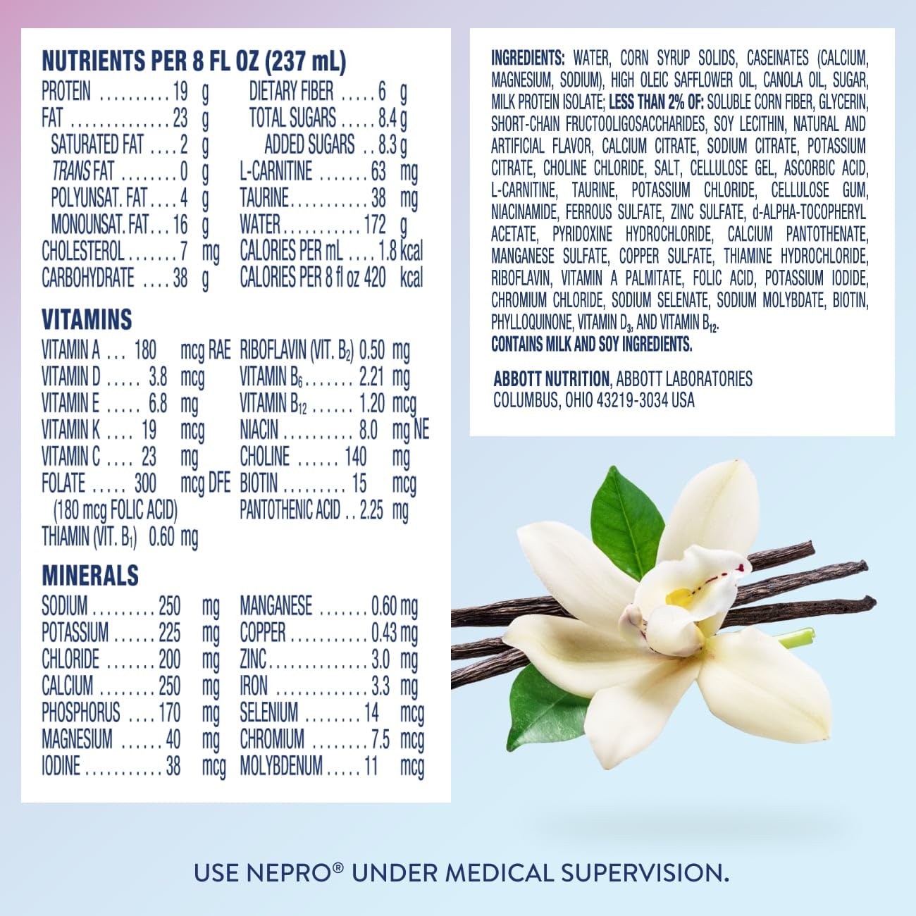 Nepro Nutrition Shake for People on Dialysis, 19g Protein, 420 Calories, Vanilla, 8 fl oz, Pack of 24