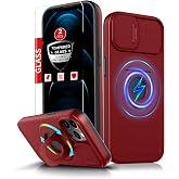 FRLMOOES for iPhone 12 / 12 Pro Case Magnetic with Kickstand + Camera Cover | Compatible with MagSafe Wireless Charging,with 2 Screen Protectors,Anti-Scratch Shockproof Heavy Duty Protection Phone,Red