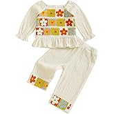 Baby Girl Cotton Linen Clothes Bow Flower Print Ruffle Long Sleeve Smocked Shirt Top Wide Leg Pants 2Pcs Fall Clothes
