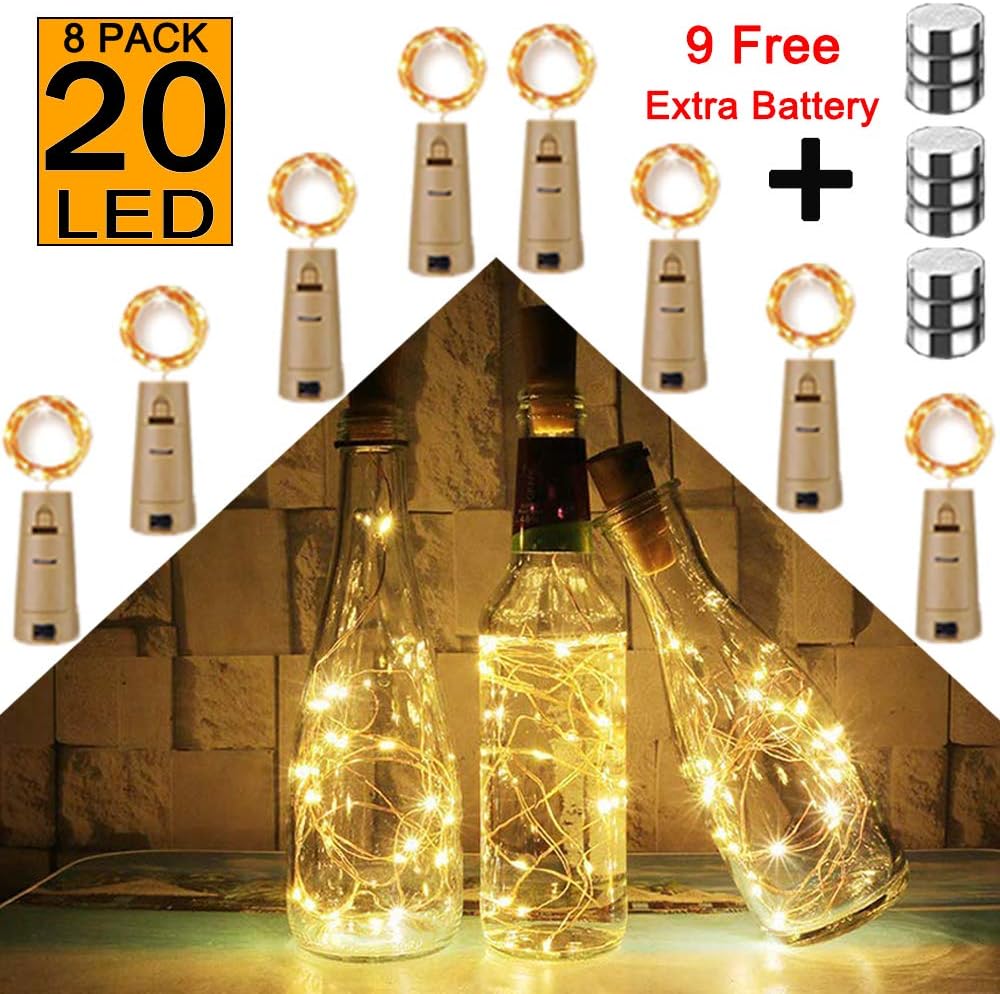 20 LED Bottle Lights with Cork, Battery Operated Wine String Lights Fairy Silver Wire Wine Bottle Lamp DIY Light for Indoor Outdoor Parties Wedding Bedroom Table Décor (Warm White+ Extra 9 Battery)